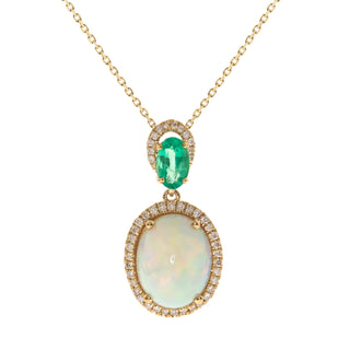 Classic 14K Ethiopian Opal & Emerald Double Halo Pendant Necklace