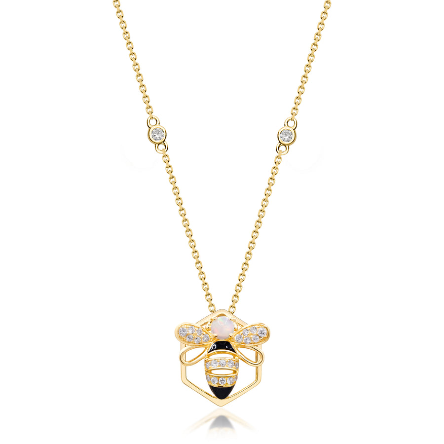 Gin and Grace in collaboration with Smithsonian Museum Collection presents a cute honeybee in 14K Yellow gold, Natural African Opal and Diamond for exclusive everyday look