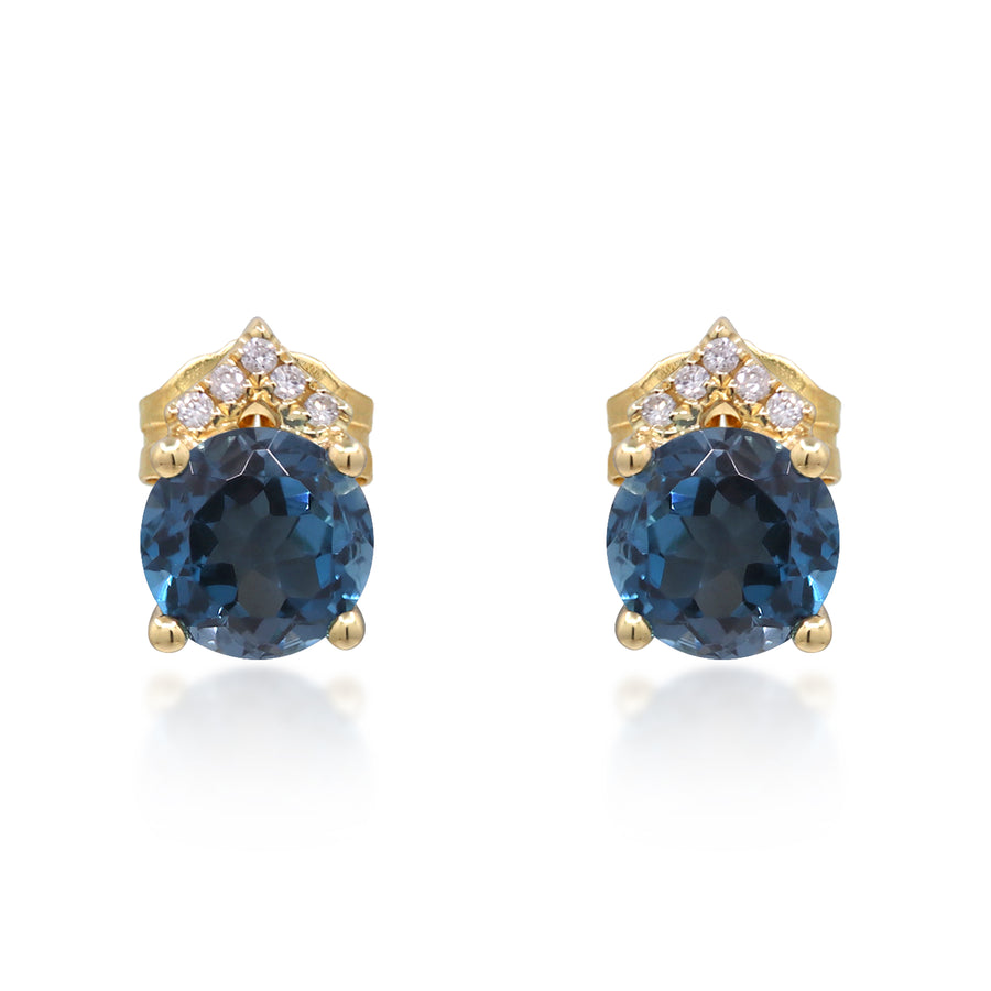 Amelia 10K Yellow Gold Round-Cut Brazilian London Blue Topaz Earrings