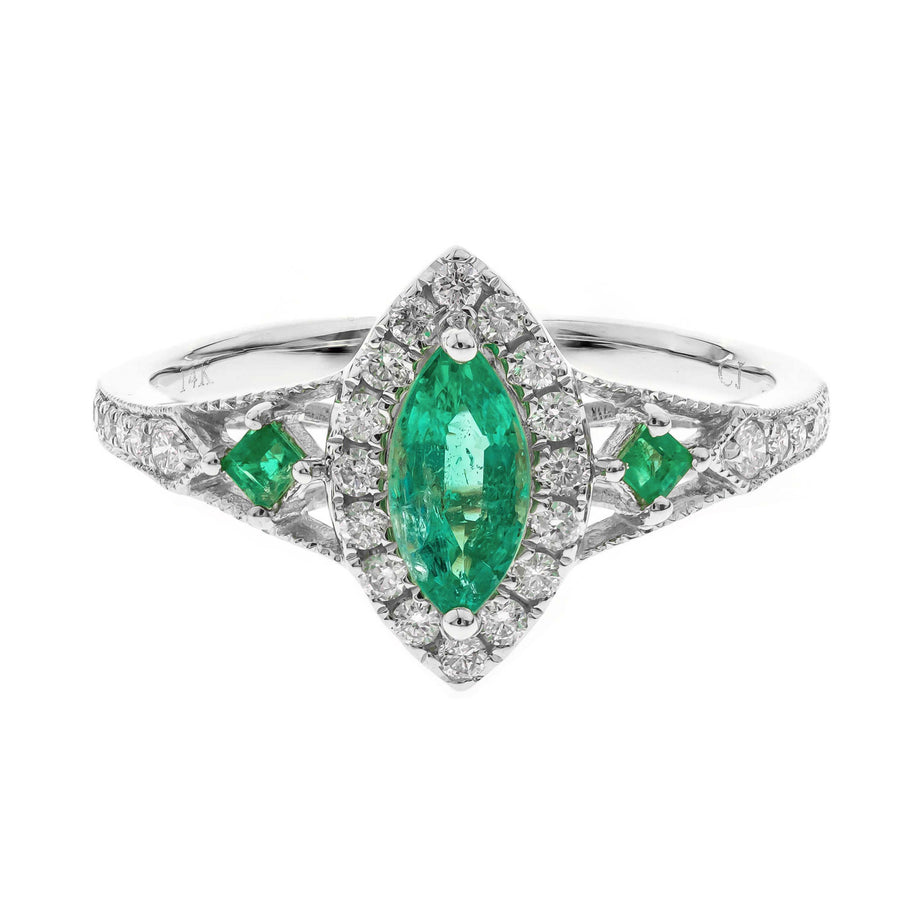 Enchanting Splendor: Annika 14K White Gold Marquise-Cut Natural Zambian Emerald Ring