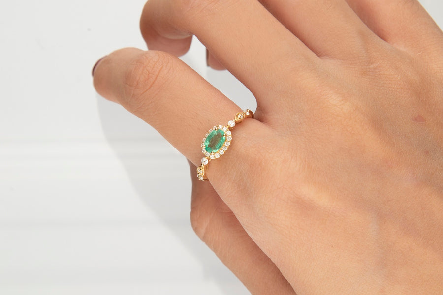 Captivating Beauty: Alina 14K Yellow Gold Ring with Oval-Cut Natural Zambian Emerald