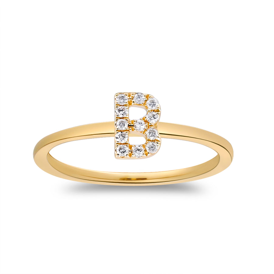 B Initial 14K Yellow Gold Round-Cut White Diamond Ring