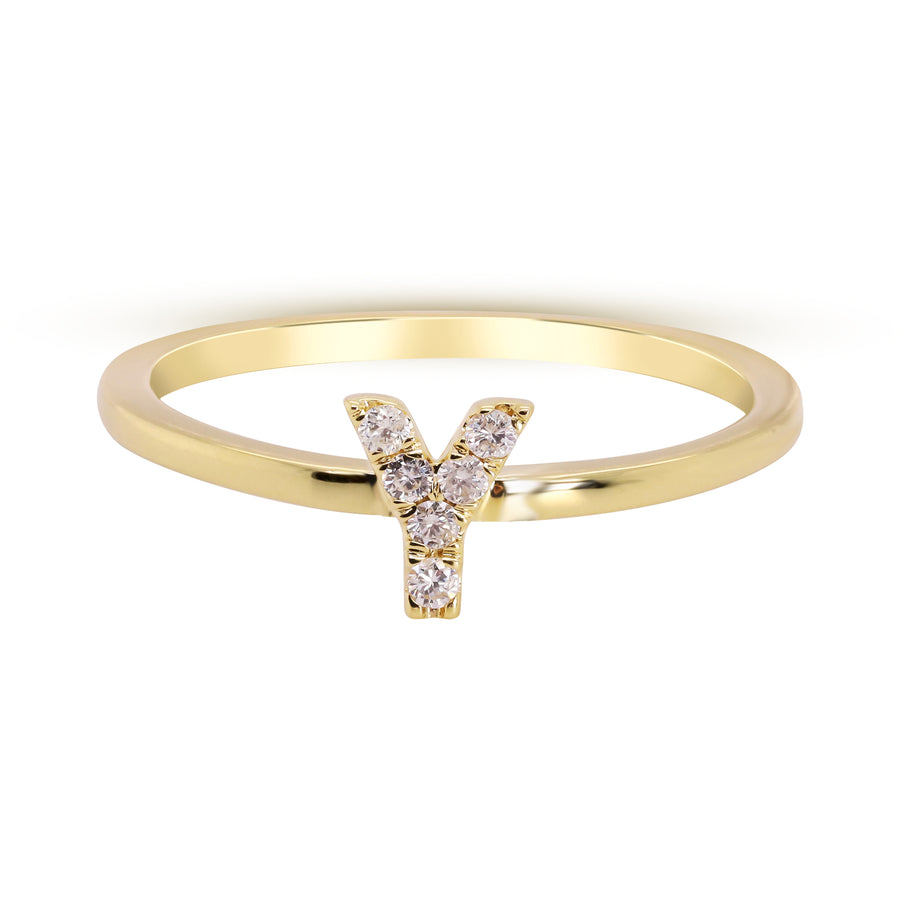Y Initial 14K Yellow Gold Round-Cut White Diamond Ring