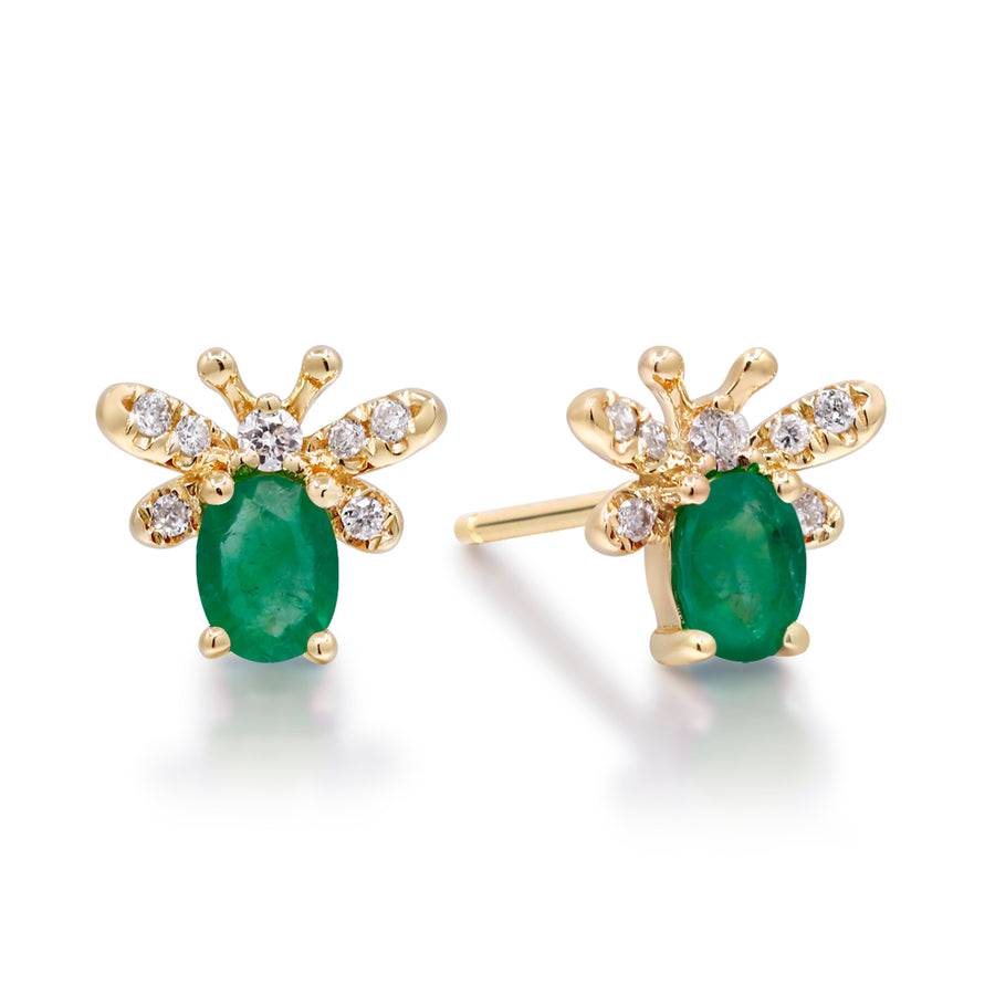 Gin and Grace in collaboration with Smithsonian Museum Collection presents Natural Zambian Emerald Queen bee earrings in 14K Yellow gold and Diamond for exclusive everyday look
