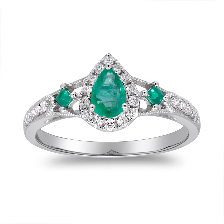Exquisite Charm: Gia 14K White Gold Pear-Cut Emerald Ring
